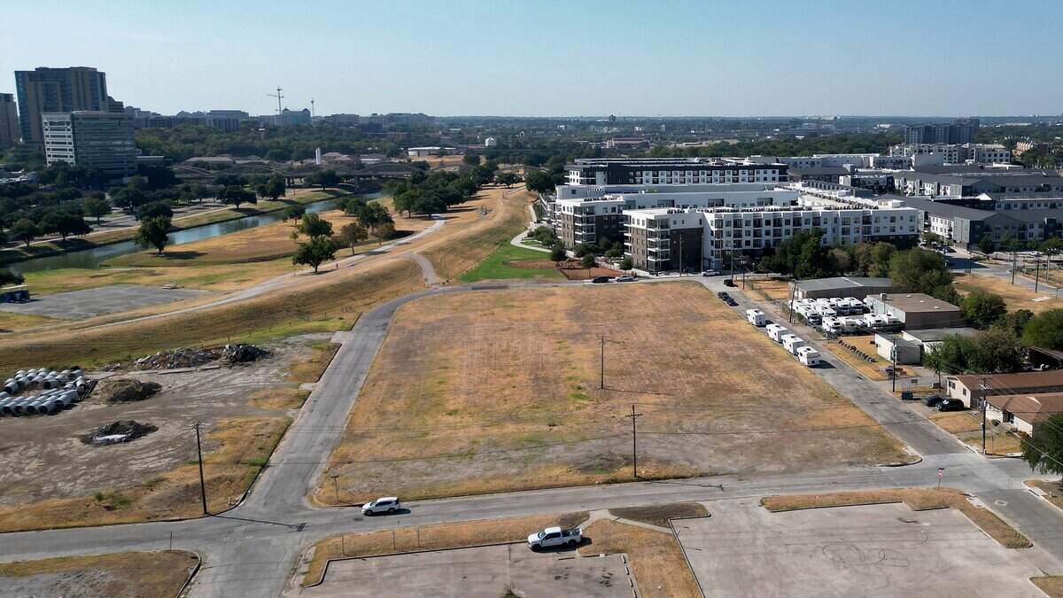 The U.S. Army Corps of Engineers' North Bypass Channel will cut through this area near downtown Fort Worth as seen on Tuesday, Sept. 24, 2026. The city is continuing work on getting utilities in place.